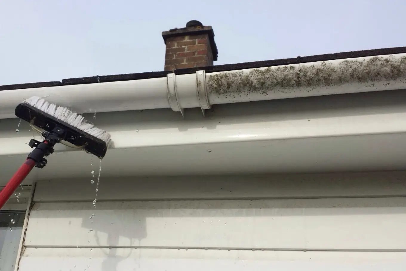 Water-fed pole brush washing a white gutter and fascia