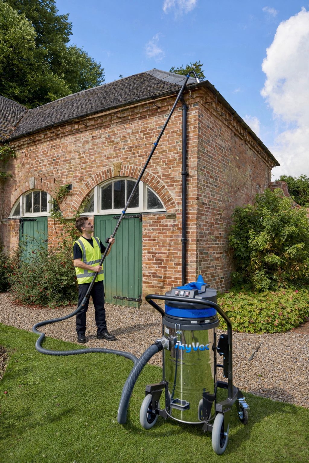 Technician cleaning a gutter from the ground with a gutter vacuum pole